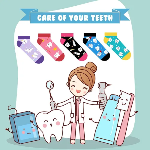 Vista 6 de Vicenpal 5 pares de calcetines novedosos para mujer con dientes de enfermera, dentista, higienista, regalo para Navidad, enfermería, médico