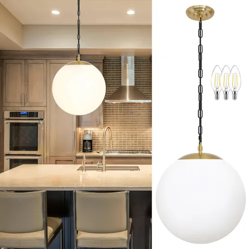 Vista 40 de KoKo&Yukina Luces colgantes modernas de globo de vidrio dorado de 6 pulgadas, paquete de 2 lámparas colgantes de vidrio transparente de mediados