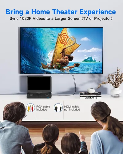 Vista 5 de WONNIE Reproductor de Blu Ray portátil de 16.9" con pantalla grande giratoria de 14.1" Full HD 1080P, reproductor de Blu-ray y DVD con salida HDMI