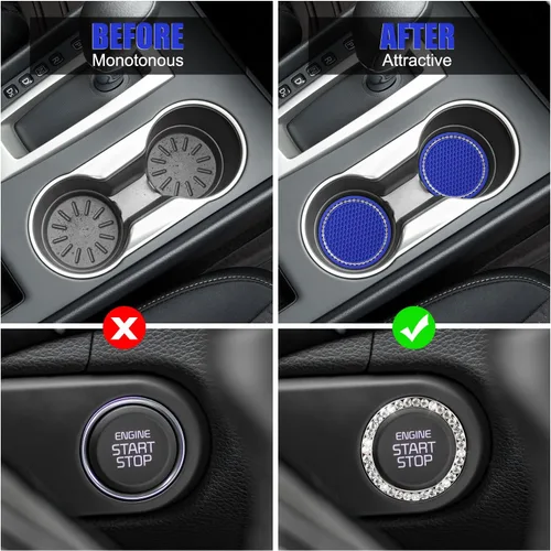 Vista 6 de OUZORP Paquete de 2 posavasos azules para automóvil con botón de arranque y anillo brillante, 1 paquete Posavasos antideslizantes para portavasos