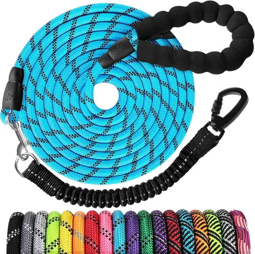 Vista 10 de Correa de perro de cuerda de 3 pies: correa resistente con gancho giratorio bloqueable, hilos reflectantes, bungee y asa acolchada - Correa