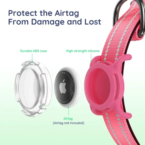 Vista 7 de Collar para perro Airtag con código QR, collar reflectante con soporte para Airtag, acolchado suave y hebilla de bloqueo de seguridad, collar Rosa