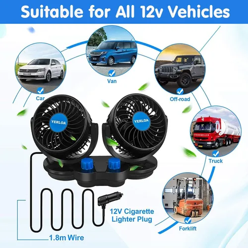 Vista 4 de Yerloa Ventilador de coche eléctrico de 12 V, ventilador portátil para automóvil, doble cabeza, rotación de 360 grados, ventilador de aire