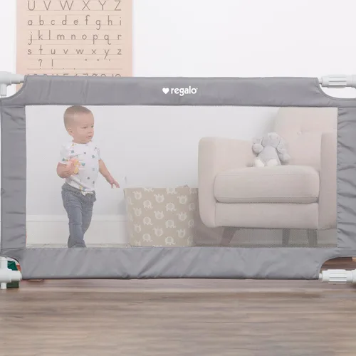 Vista 3 de Regalo Puerta de malla extensible gris extra ancha de 50 pulgadas, montada a presión, incluye parachoques de goma para proteger las paredes, gris