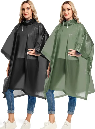 Vista 61 de Ponchos de lluvia reutilizables con capucha con cordón para adultos, abrigo de lluvia grueso impermeable, 2 paquetes