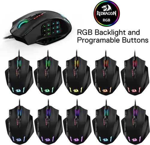 Vista 5 de Redragon M908 Impact RGB LED MMO Mouse con botones laterales ópticos con cable para juegos con 12400 DPI alta precisión 20 botones programables
