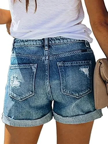 Vista 3 de Angerella - Pantalones cortos de mezclilla para mujer, con tiro medio, rasgados, elásticos, con dobladillo plegado, sexys