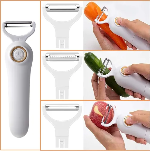 Vista 2 de Pelador eléctrico de frutas y verduras, juego profesional de pelador de patatas de mano, cortador de cocina con 3 cuchillas intercambiables