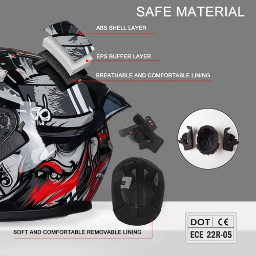Vista 6 de Casco de motocicleta Bluetooth antivaho, doble visera, abatible, casco de moto de cara completa, aprobado por DOT, altavoz dual integrado