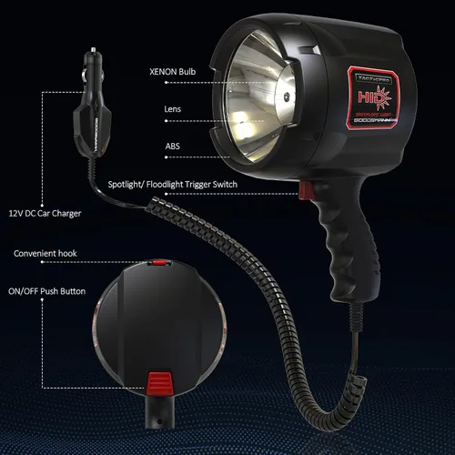 Vista 2 de GOODSMANN Proyector de mano de hasta 2000 lúmenes HID Spot Light con cargador de coche de 12 V CC activado, linterna de campamento para vela