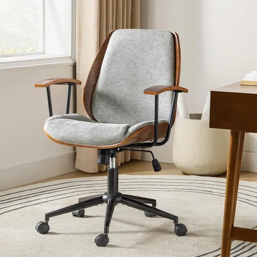 Vista 8 de HULALA HOME Silla de oficina de madera maciza con función de balanceo, silla de escritorio cómoda de tela con base de madera curvada y metal, silla