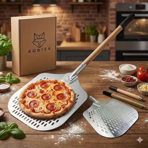 Vista 8 de Pala de pizza de aluminio de 14 x 12 pulgadas con mango de madera de haya desmontable Paleta perforada antiadherente de metal para lanzar, girar