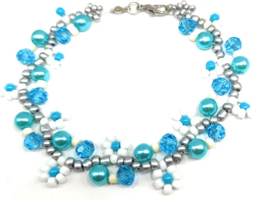 Vista 2 de Elegante brazalete para dama hecho a mano de perlas fantasia, cuentas de vidrio y cristales de 8" de largo, ideal para regalo, se envía empaque
