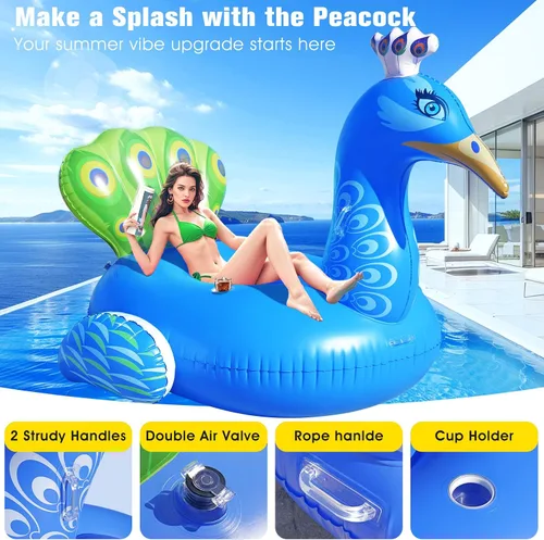 Vista 6 de DeeprBetter Flotador inflable de pavo real para piscina, flotadores divertidos para adultos, flotadores de piscina de alta resistencia, flotadores