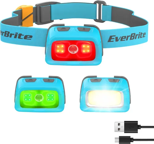 Vista 10 de EverBrite Linterna frontal recargable - Faro de 350 lúmenes con luz roja/verde y luz trasera, 7 modos de iluminación con función de memoria