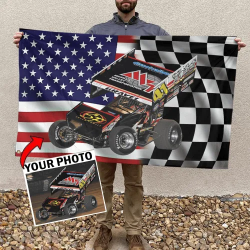 Vista 11 de Sprint Car Racing - Foto personalizada, nombre y número de carreras de bandera estadounidense a cuadros para amantes de las carreras de pista
