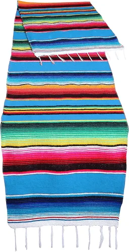 Vista 6 de Camino de mesa colorido a rayas fabricado en México 83x14 pulgadas.