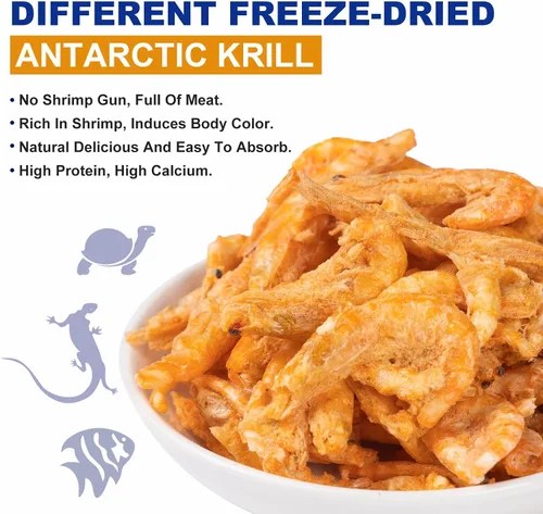Vista 2 de Camarones gigantes de Krill liofilizados, alimento natural para reptiles de tortugas, dragones barbudos, peces tropicales y anfibios (4 onzas)