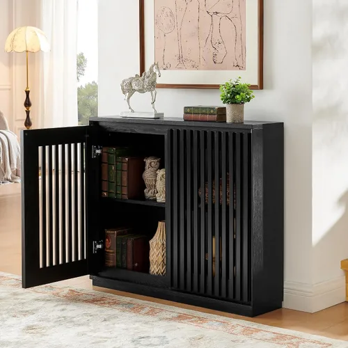Vista 4 de Mesa consola estrecha de 39 pulgadas con puertas huecas, aparador moderno de mediados de siglo con 2 orificios de salida, gabinete de almacenamiento