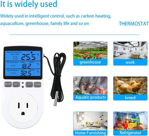 Vista 8 de Controlador de temperatura digital retroiluminado, pantalla LCD, termostato de refrigeración de calefacción, enchufe de salida con sensor regulador