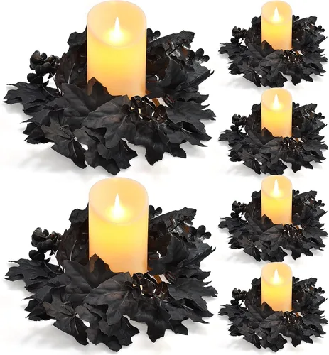 Vista 10 de 6 coronas de anillo de vela de Navidad, bayas rojas artificiales, ramas de pino, hojas, anillos de vela para pilares, portavelas de pilares Paquete