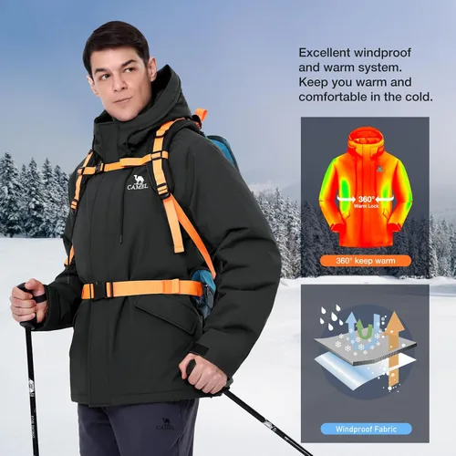 Vista 6 de CAMELSPORTS Parka aislante para hombre, chaqueta acolchada con capucha para esquiar, senderismo y aventuras al aire libre, resistente al agua y al