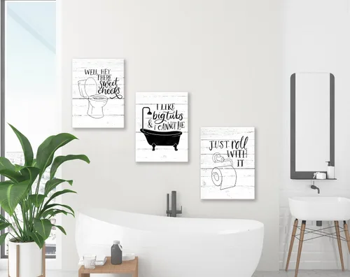 Vista 4 de Arte Gracioso de Baño en Lona para Pared en Blanco y Negro Juego de Inodoro y Tina Cartel Impreso en 3 Piezas Pintura de Citas de Baño Estilo Retro
