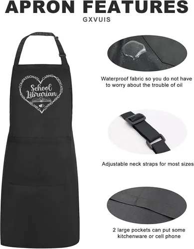 Vista 4 de Delantal de bibliotecario escolar para mujer con 2 bolsillos, estampado de corazón, impermeable, ajustable, delantal para cocina, barbacoa