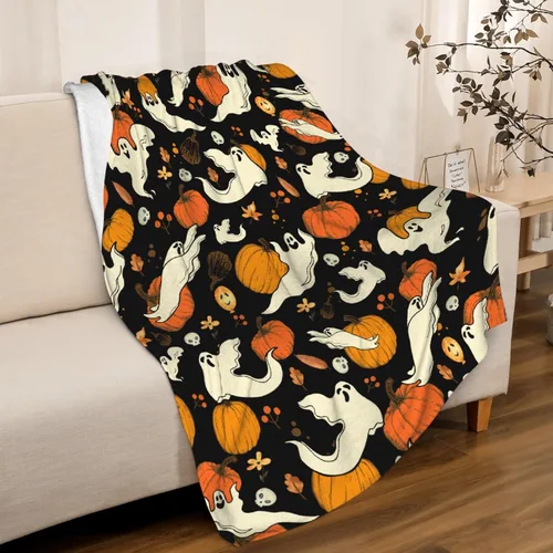Vista 28 de Manta de Halloween para bebé, diseño de calabaza, fantasma, telaraña, súper suave, manta acogedora para recién nacido, manta de recepción para bebé