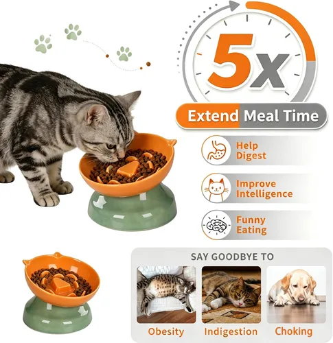 Vista 2 de Ceramic Slow Feeder Cat Bowl, 15-Degree Tilted Non-Slip Orange