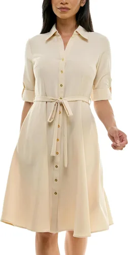 Vista 18 de Sharagano Vestido camisero plisado para mujer, manga 3/4, cuello en V, botones dorados Acacia