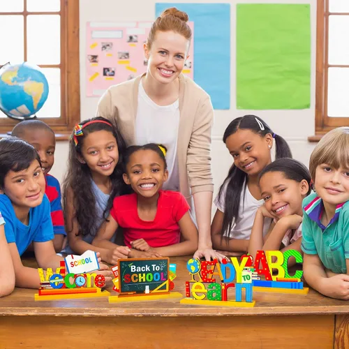 Vista 7 de 4 piezas de decoración de fiesta de regreso a clases, centros de mesa de madera para la primera escuela, listos para aprender, para escuela, aula