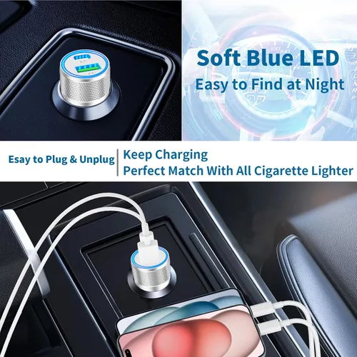 Vista 7 de USB-C Car Charger Fast Charging, Veetone 2Pack 66W PD&QC3.0 All Metal Type-C Power Cigarette Lighter USB Charger for iPhone 15/15 Plus/15 Pro/15 Pro