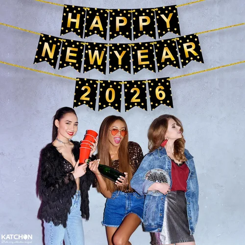 Vista 9 de KatchOn, Banner de Feliz Año Nuevo 2026 - Sin bricolaje, 10 pies Telón de fondo de Feliz Año Nuevo para suministros de fiesta de Nochevieja