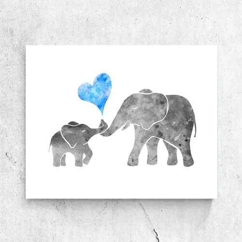 Vista 2 de Acuarela gris bebé niño elefante con mamá impresión artística pintura arte arte pared amor corazón azul lindo imagen niños habitación decoración