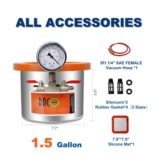 Vista 2 de BACOENG Cámara de vacío de acero inoxidable de 1.5 galones con tapa de vidrio templado perfecta para estabilizar madera, desgasificar siliconas