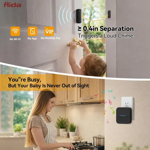 Vista 2 de AIDA Timbre de puerta, sensor de contacto abierto inalámbrico para puerta, timbre de alarma con rango de 600 pies, 58 campanillas, 5 niveles