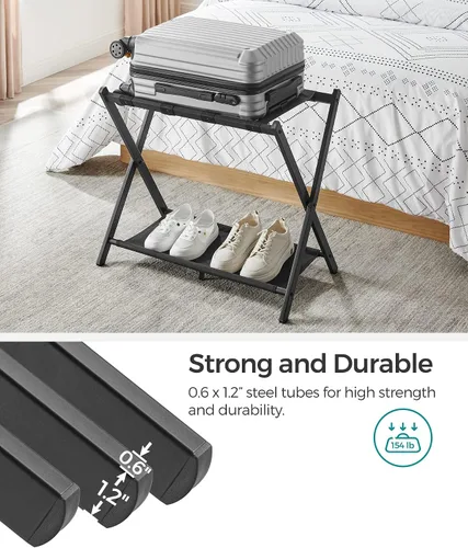 Vista 4 de SONGMICS Portaequipajes para habitación de invitados, soporte para maleta con estante de almacenamiento, marco de acero, plegable para un fácil Negro