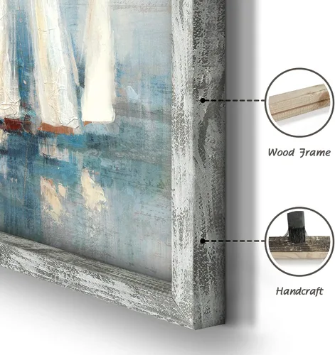 Vista 2 de Pintura enmarcada de paisaje marino: arte abstracto del océano, imagen costera, impresiones de veleros en madera en estilo moderno para decoración