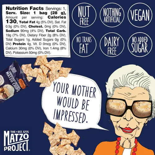 Vista 2 de The Matzo Project Chips de matzo crujientes, todo sabor, vegano, sin nueces, paquete de 24 bocadillos a granel, 1 onza cada uno, envueltos
