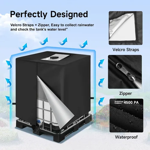 Vista 5 de NEVERLAND Funda para IBC Tote 275 Galones, 420D Cubierta para Tanque de Agua, Negra, Protector Solar para Tote, Resistente al Agua, Compatible