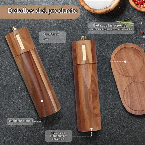 Vista 2 de Juego de molinillo de sal y pimienta de madera, molinillo de pimienta manual de 8 pulgadas