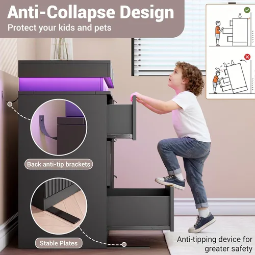 Vista 5 de Cómoda acanalada de 6 cajones para dormitorio con estación de Negro