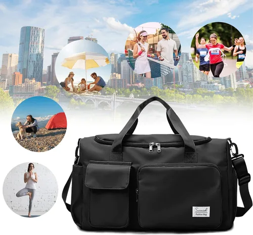 Vista 8 de Bolsa de deporte para gimnasio con compartimento para zapatos y bolsillo separado seco y húmedo para hombres y mujeres, bolso de entrenamiento