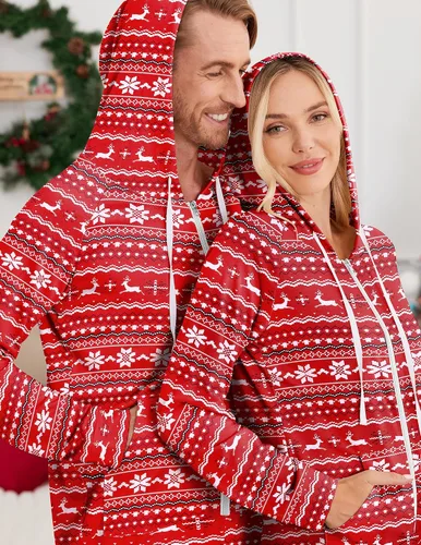Vista 3 de Ekouaer Pijamas a juego para parejas con cremallera y capucha para adultos con bolsillos S-XXL