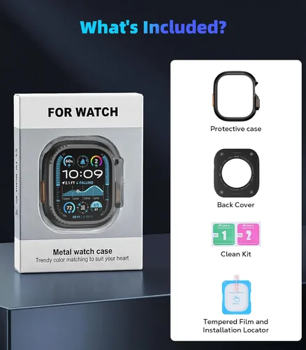 Vista 6 de MoKo Funda de metal para Apple Watch Ultra 3/2/1 de 1.929 in, protector de pantalla de vidrio templado, parachoques y contraportada resistente, Negro