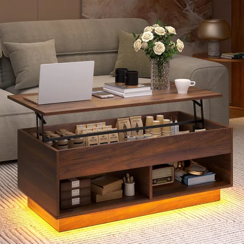 Vista 12 de HOMMPA - Mesa de café con tapa elevable de 40" con almacenamiento, mesa de centro LED moderna de alto brillo para sala de estar, mesa de té moderna