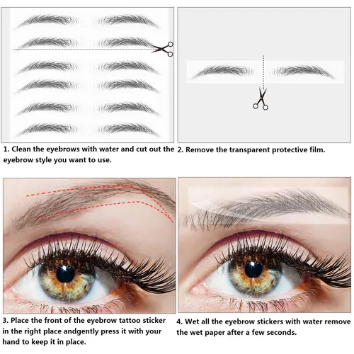 Vista 2 de 6 hojas 4D de cejas de transferencia autoadheribles con apariencia de vello natural, impermeables, preparadas y modeladas con estilo arqueado
