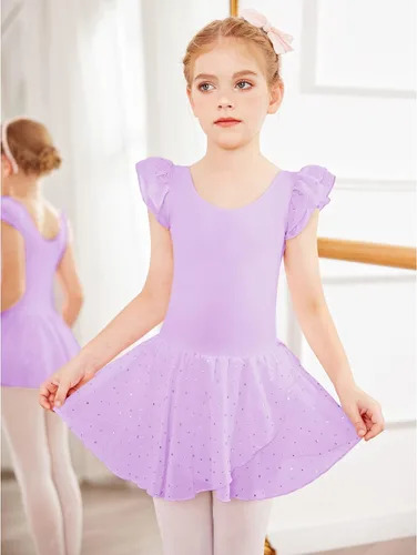 Vista 2 de Arshiner - Vestido de baile de ballet con mangas con volantes, leotardo de tutú con ruedo para niñas Lila