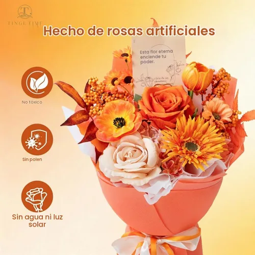 Vista 4 de Ramo de flores preservadas de color naranja, ramo de regalo para mujeres, regalo de flores falsas eternas para Navidad, aniversario, cumpleaños